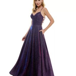 City Studio Blue Glitter Floor-Length V-Neck Evening Gown NWT